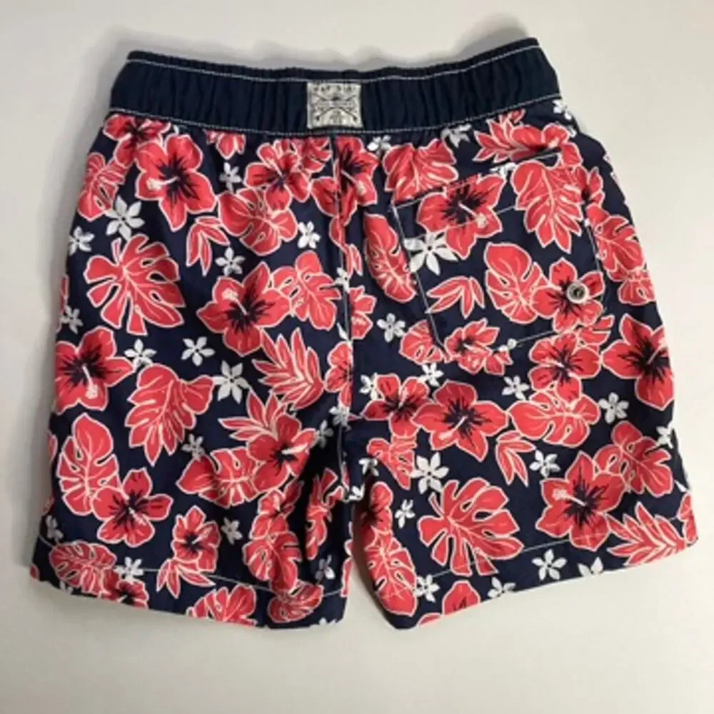 Gap Kids Tropical Hibiscus Swim Trunks - Navy Blue White Red - Small 6/7